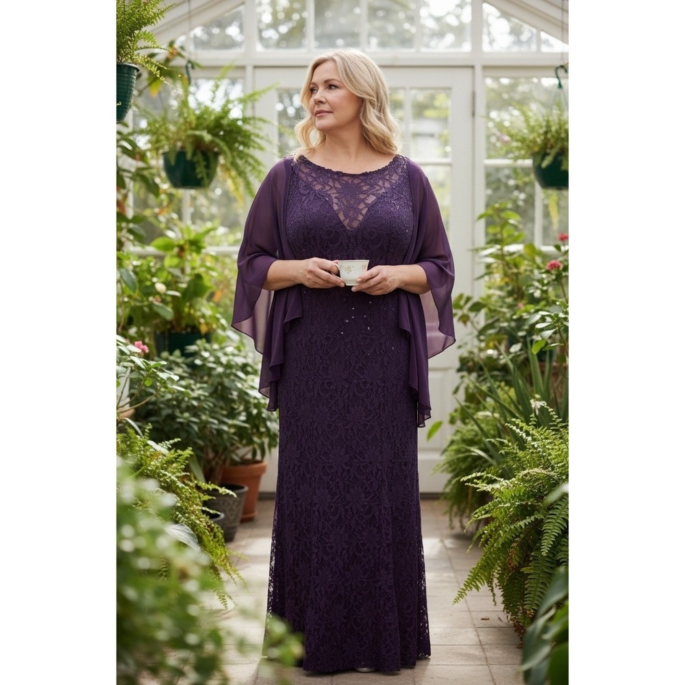 VTG Ursula Switzerland Lace Gown Women 12‎ Purple Sequin Capelet Evening Formal